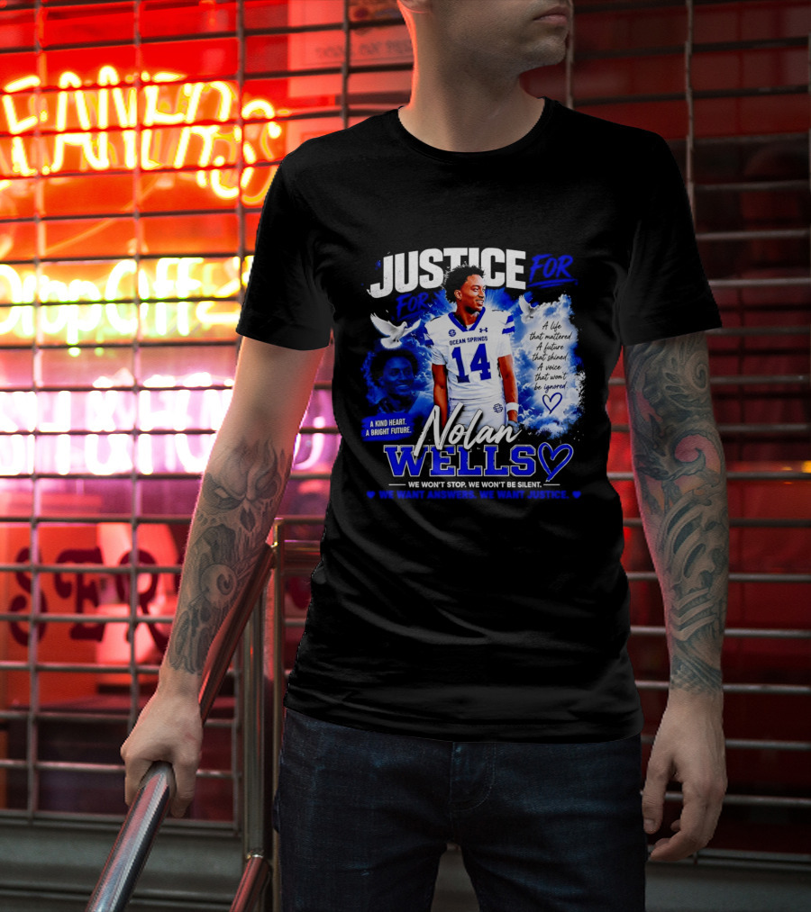 Justice For Nolan Wells Ocean Springs Football Number 14 Ignored Heart We Won't Stop Silent T-Shirt