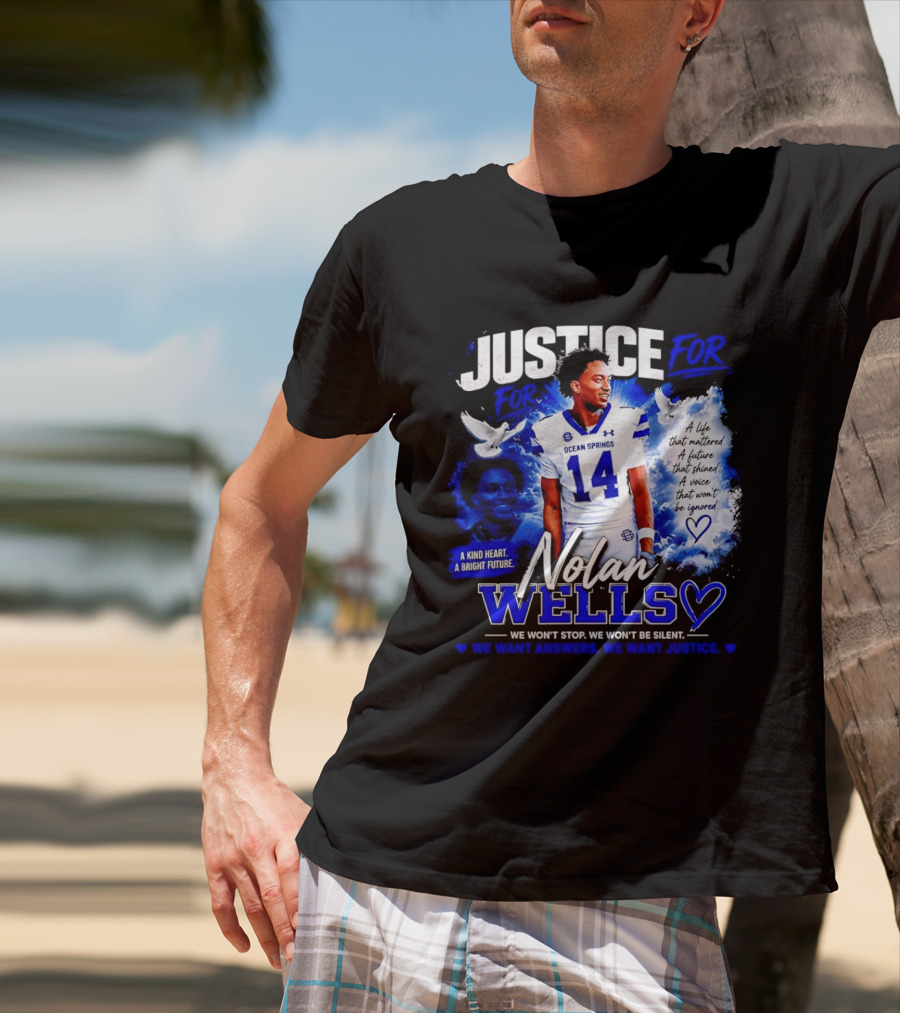 Justice For Nolan Wells Ocean Springs Football Number 14 Ignored Heart We Won't Stop Silent T-Shirt