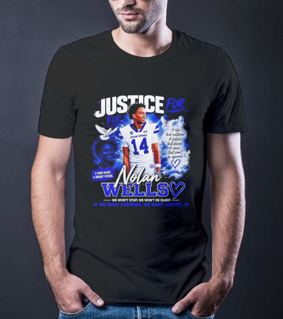 Justice For Nolan Wells Ocean Springs Football Number 14 Ignored Heart We Won't Stop Silent T-Shirt