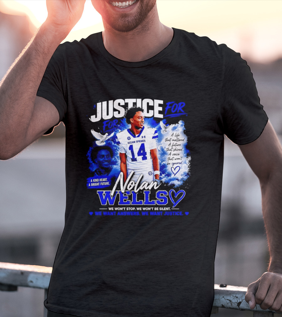 Justice For Nolan Wells Ocean Springs Football Number 14 Ignored Heart We Won't Stop Silent T-Shirt