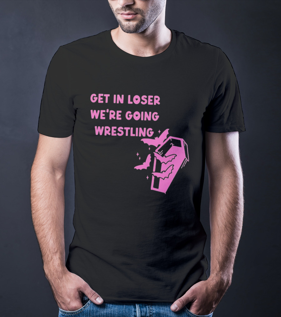 Get In Loser We're Going Wrestling Coffin With Bats And Stars T-Shirt