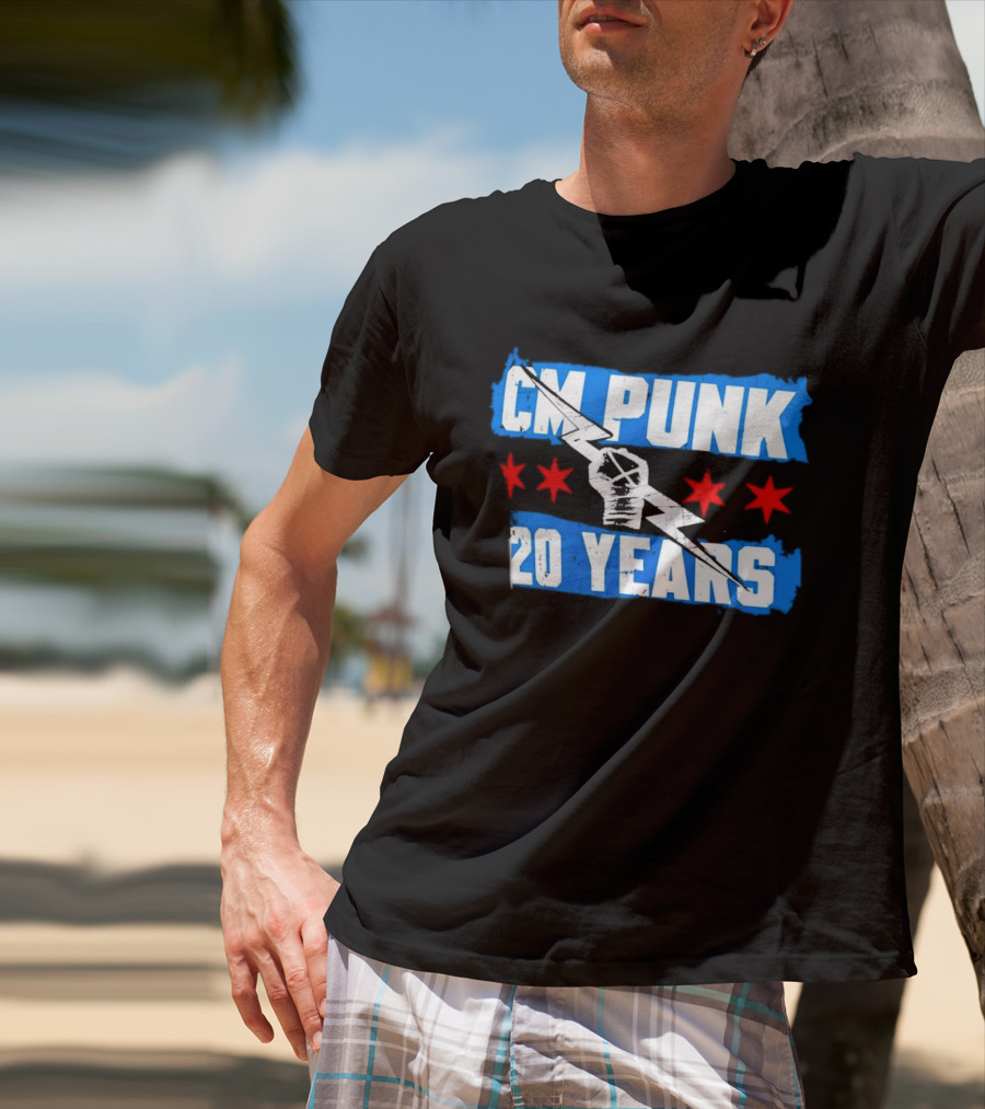 CM Punk 20 Years WWE Flag With Stars And Lightning Fist T-Shirt