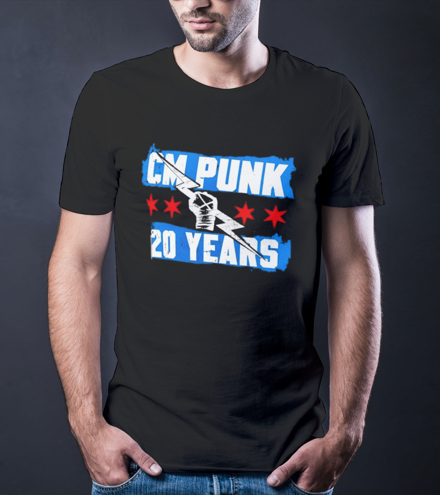 CM Punk 20 Years WWE Flag With Stars And Lightning Fist T-Shirt