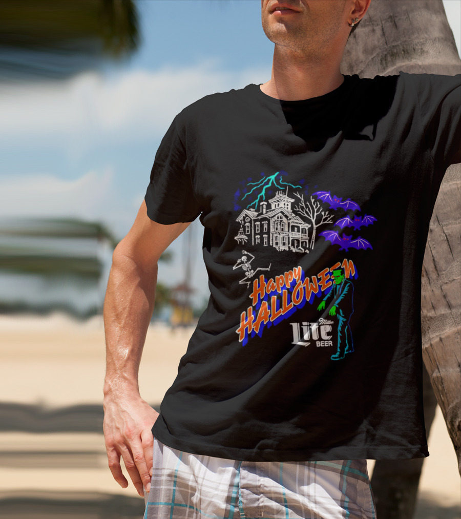Happy Halloween Miller Lite Beer Haunted House Frankenstein Bats T-Shirt