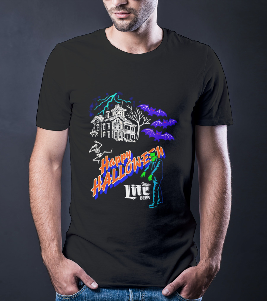Happy Halloween Miller Lite Beer Haunted House Frankenstein Bats T-Shirt