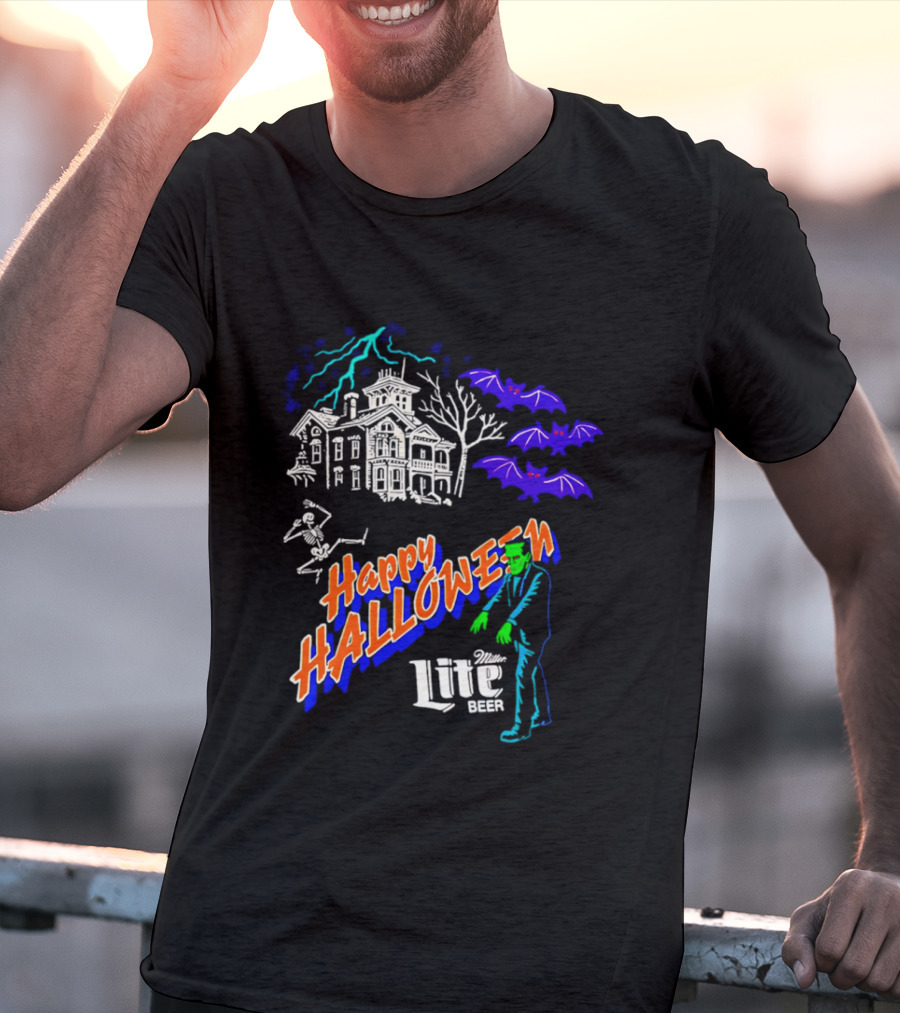 Happy Halloween Miller Lite Beer Haunted House Frankenstein Bats T-Shirt