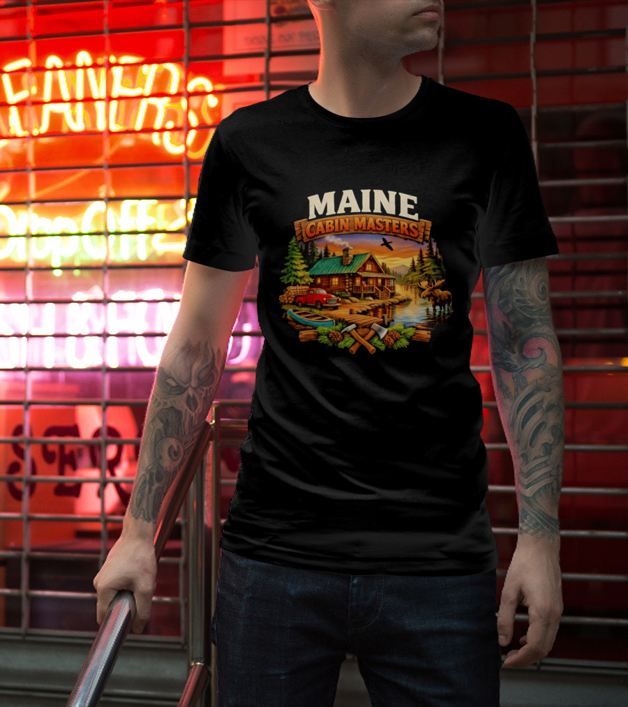 Maine Cabin Masters Rustic Wilderness Scene With Moose And Red Truck T-Shirt