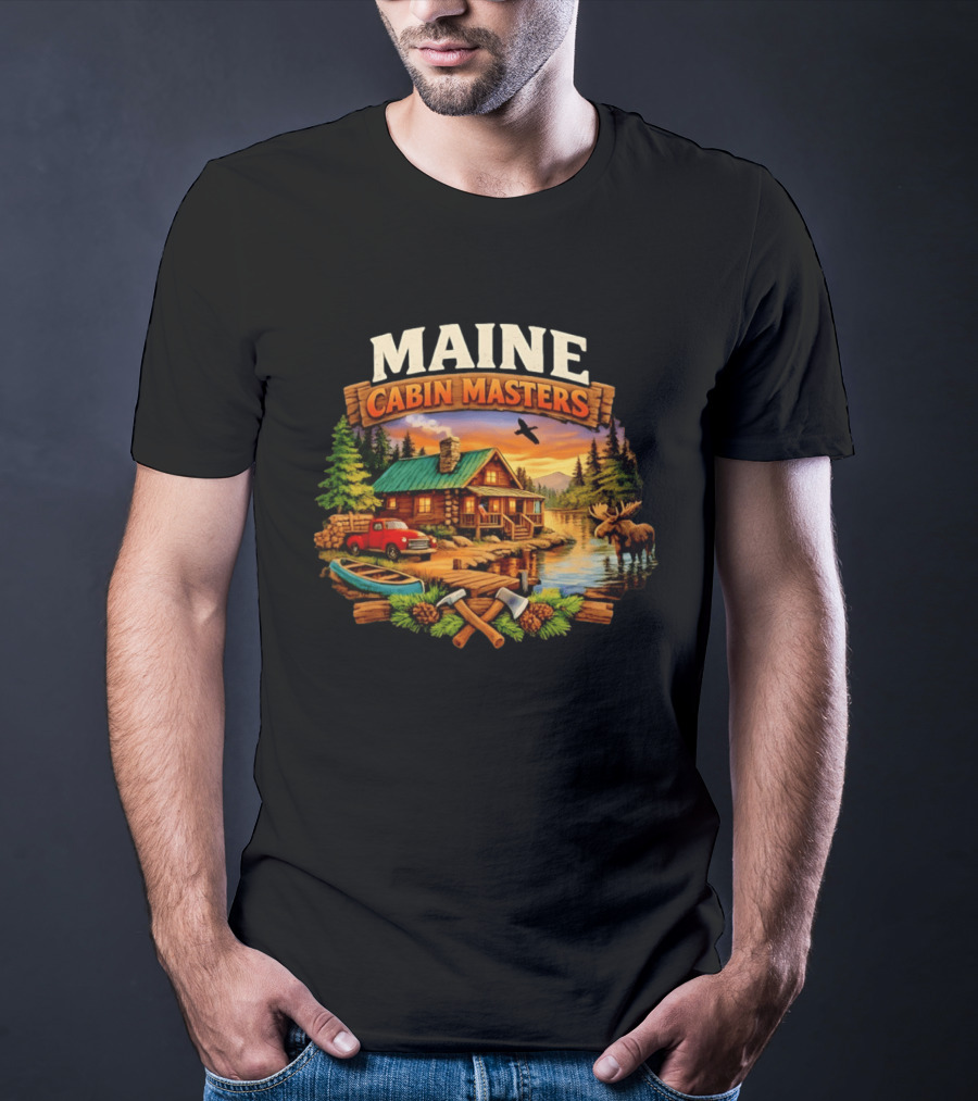 Maine Cabin Masters Rustic Wilderness Scene With Moose And Red Truck T-Shirt
