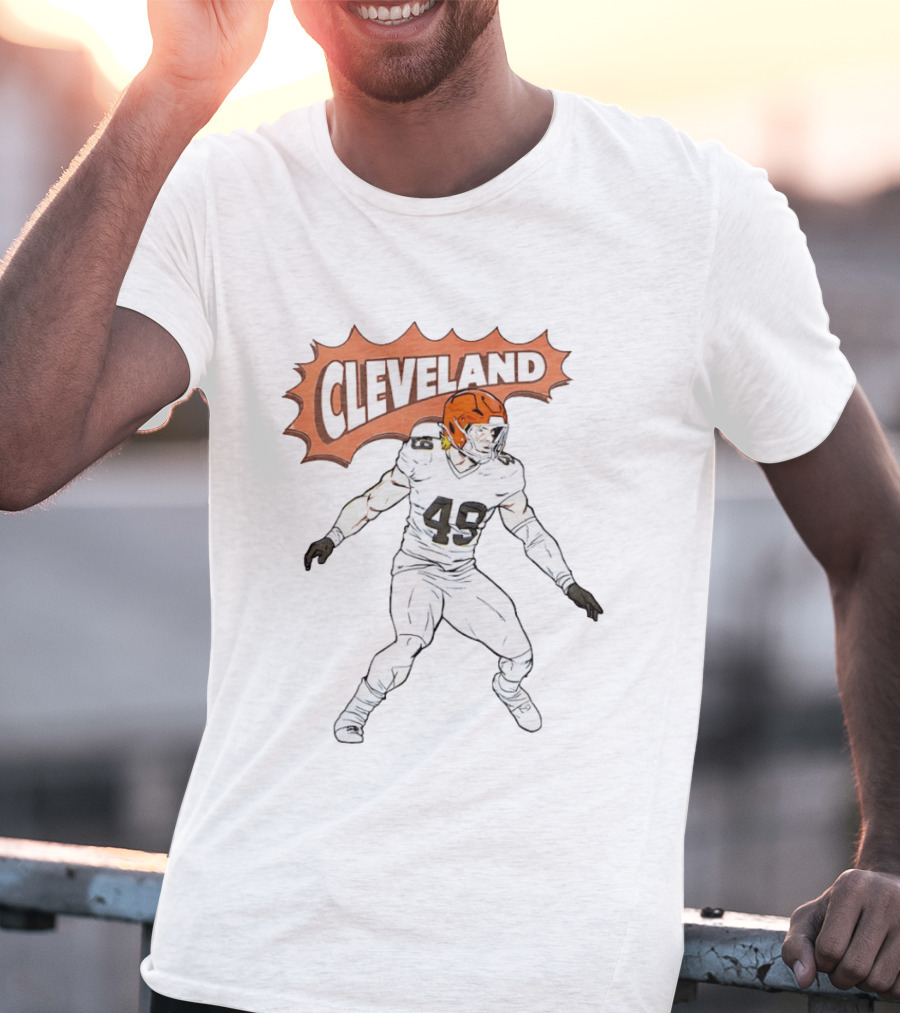 Cleveland Football Comic Style 2026 Player 49 Iconic Helmet T-Shirt