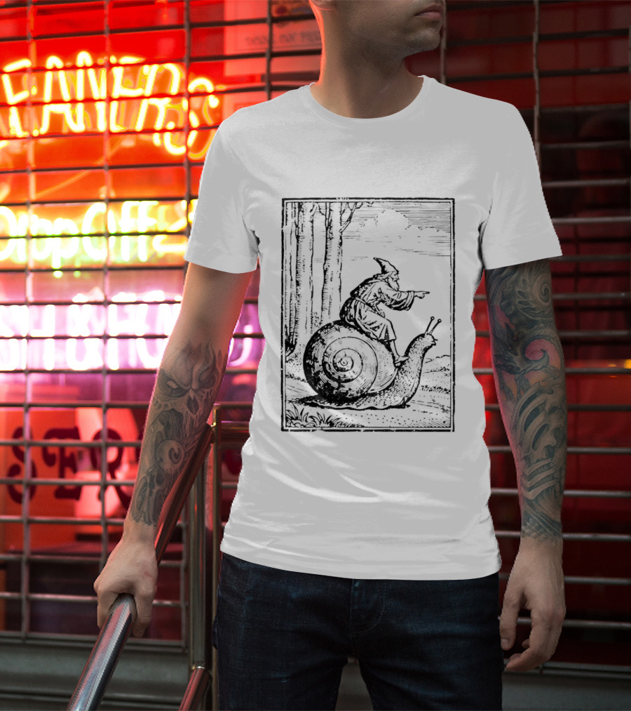 Medieval Snail Rider Wizard Woodcut Fantasy Enchantment T-Shirt