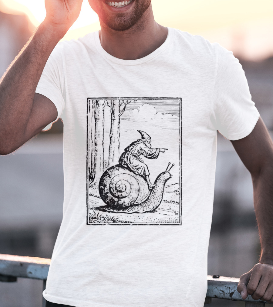 Medieval Snail Rider Wizard Woodcut Fantasy Enchantment T-Shirt