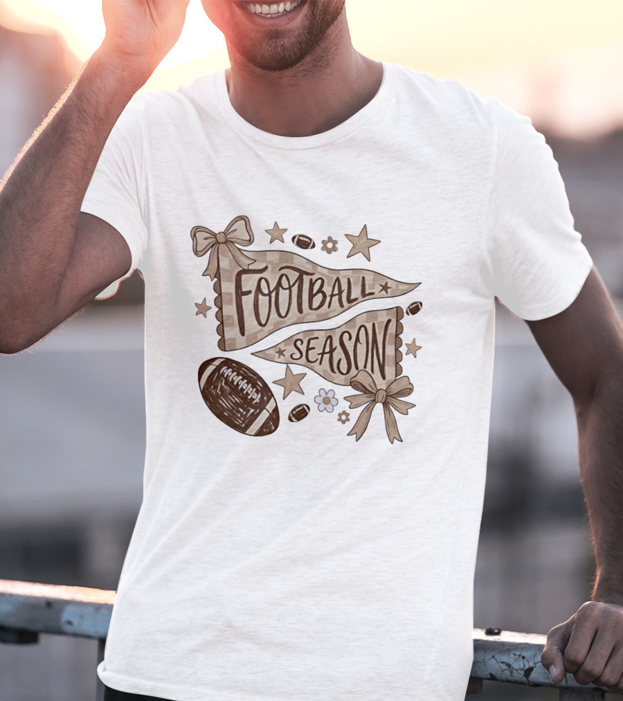 Football Season Pennant Bows And Stars With Footballs T-Shirt