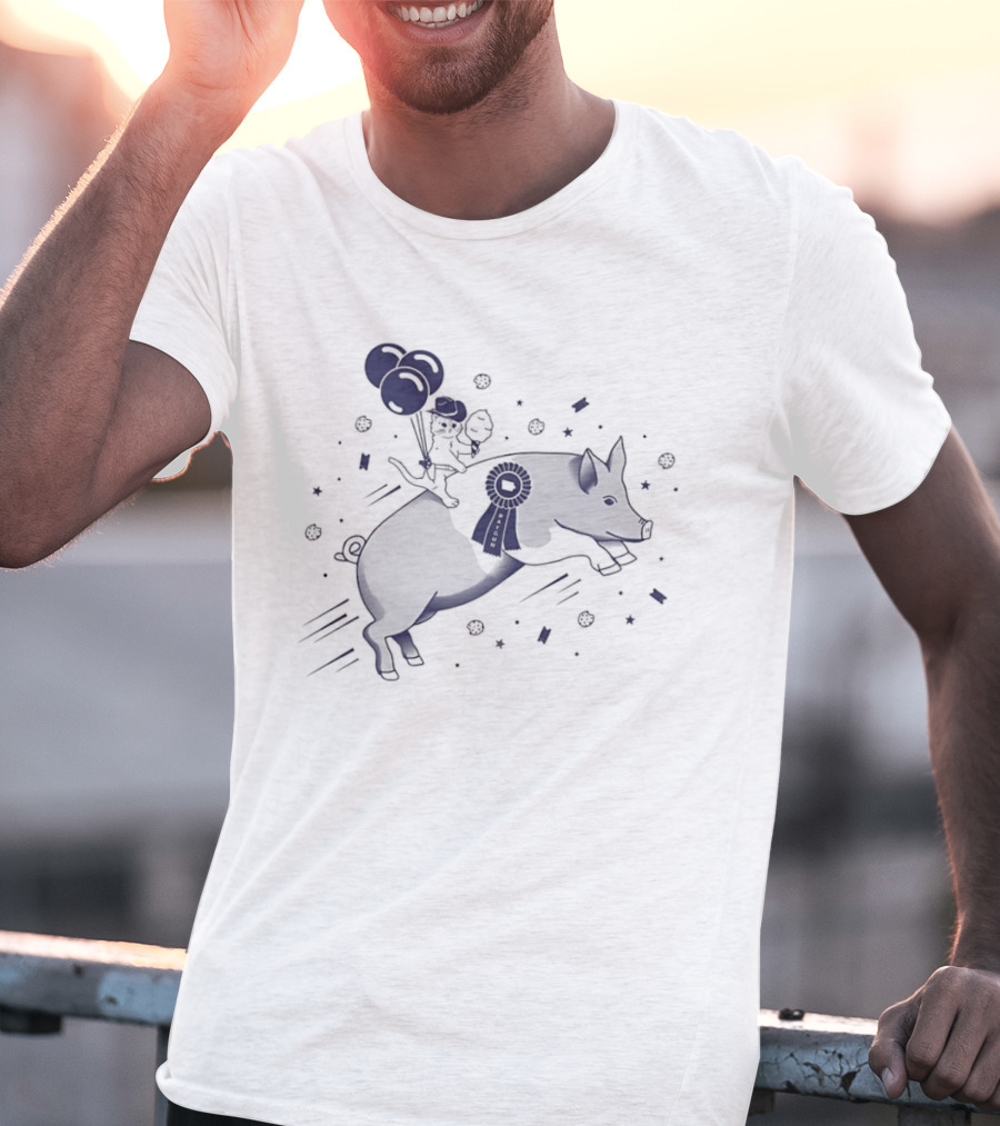 Gary The Cat Riding A Blue Ribbon Pig With Balloons At State Fair T-Shirt