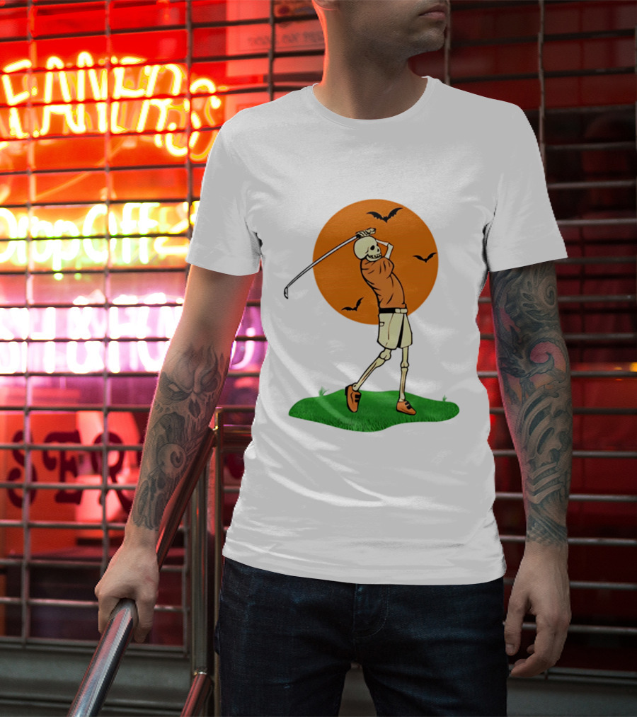 Skeleton Golfer At Sunset With Flying Bats T-Shirt