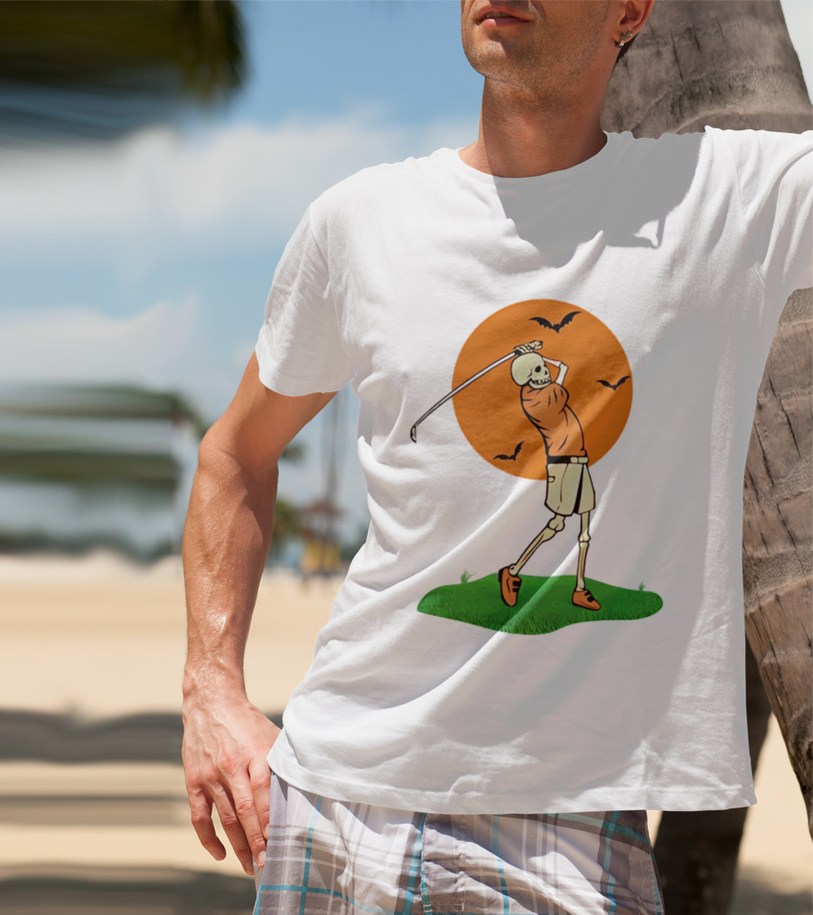 Skeleton Golfer At Sunset With Flying Bats T-Shirt