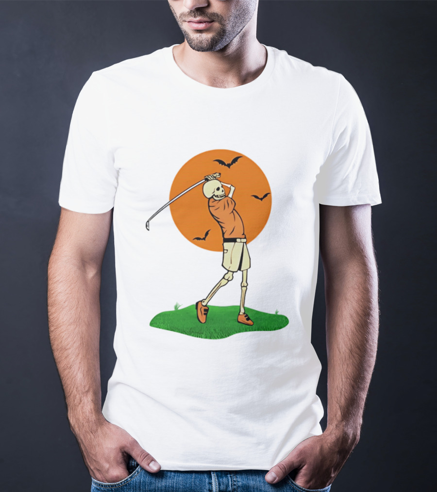 Skeleton Golfer At Sunset With Flying Bats T-Shirt