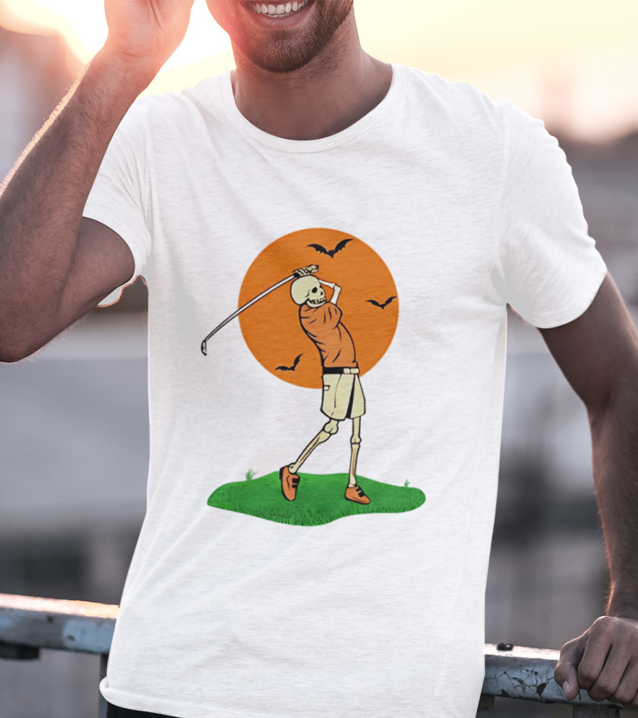 Skeleton Golfer At Sunset With Flying Bats T-Shirt