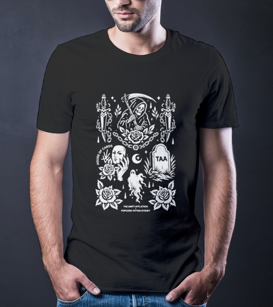 The Amity Affliction X Popcorn Tattoo Sydney Grim Reaper Floral Cemetery TAA T-Shirt
