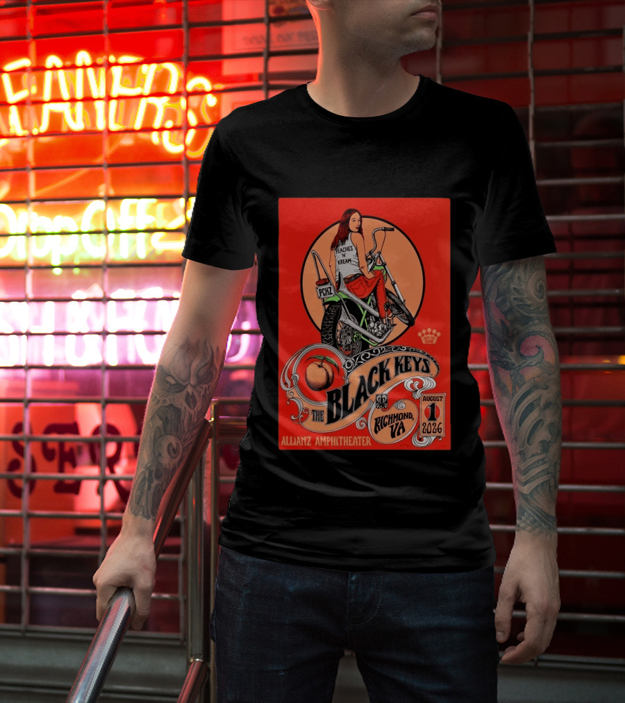 The Black Keys Allianz Amphitheater Richmond VA August 1 2026 Peaches N Kream Motorcycle T-Shirt