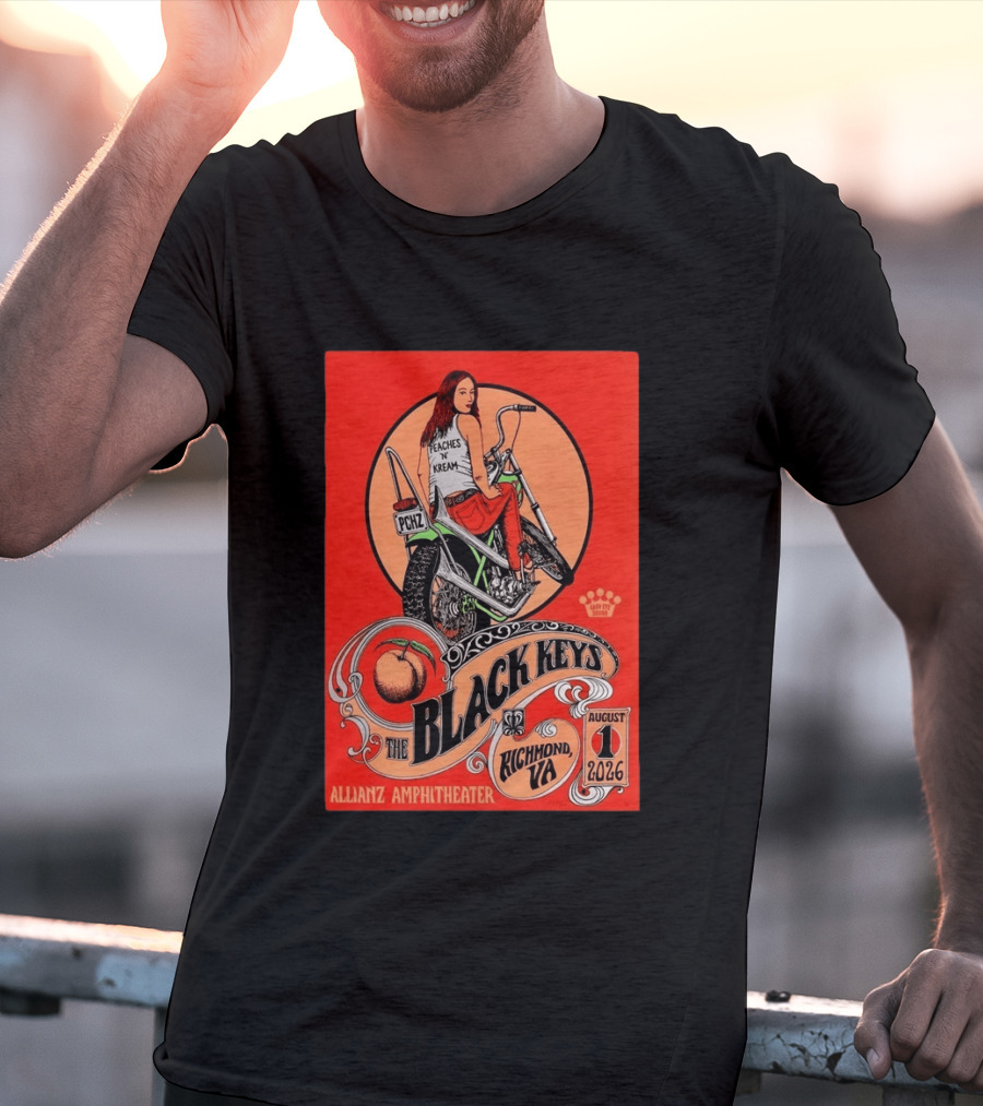 The Black Keys Allianz Amphitheater Richmond VA August 1 2026 Peaches N Kream Motorcycle T-Shirt