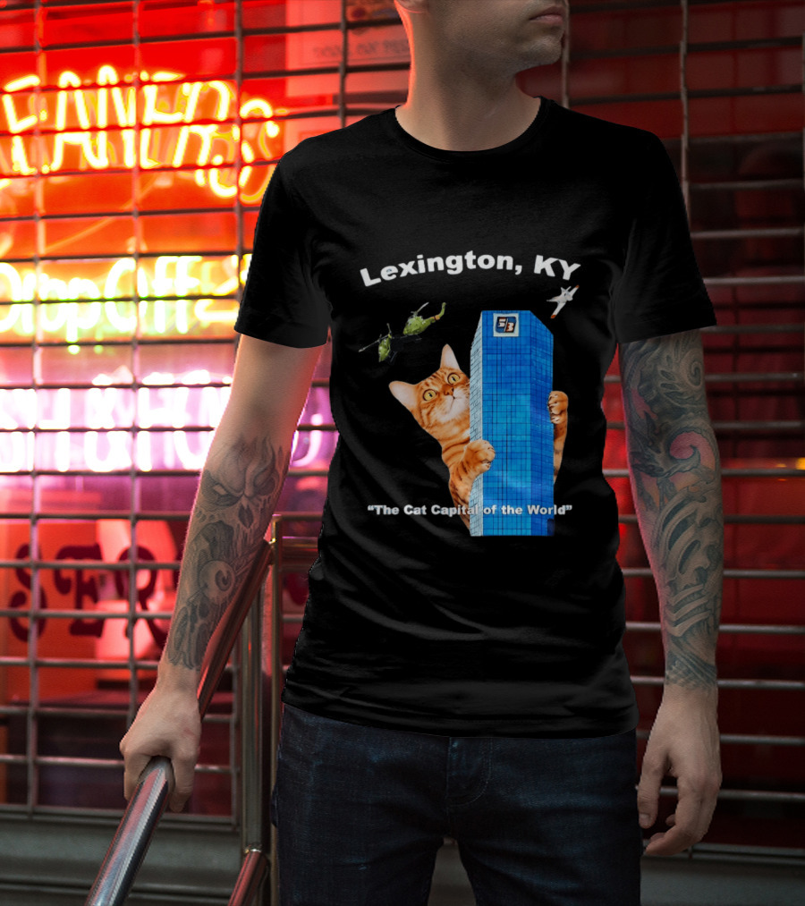 Lexington KY The Cat Capital Of The World Funny Cat With Building And Helicopter T-Shirt