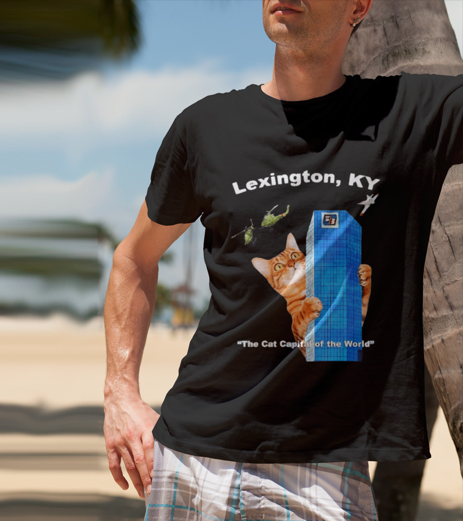 Lexington KY The Cat Capital Of The World Funny Cat With Building And Helicopter T-Shirt