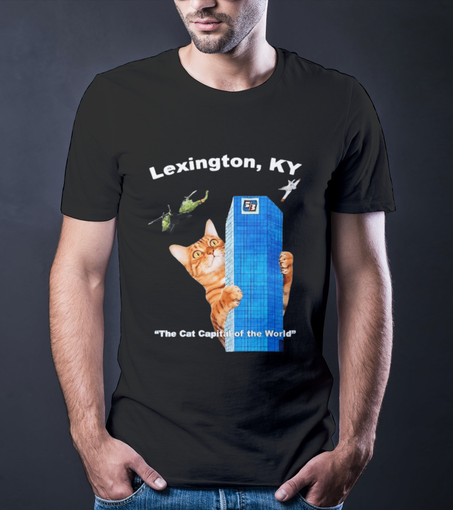 Lexington KY The Cat Capital Of The World Funny Cat With Building And Helicopter T-Shirt
