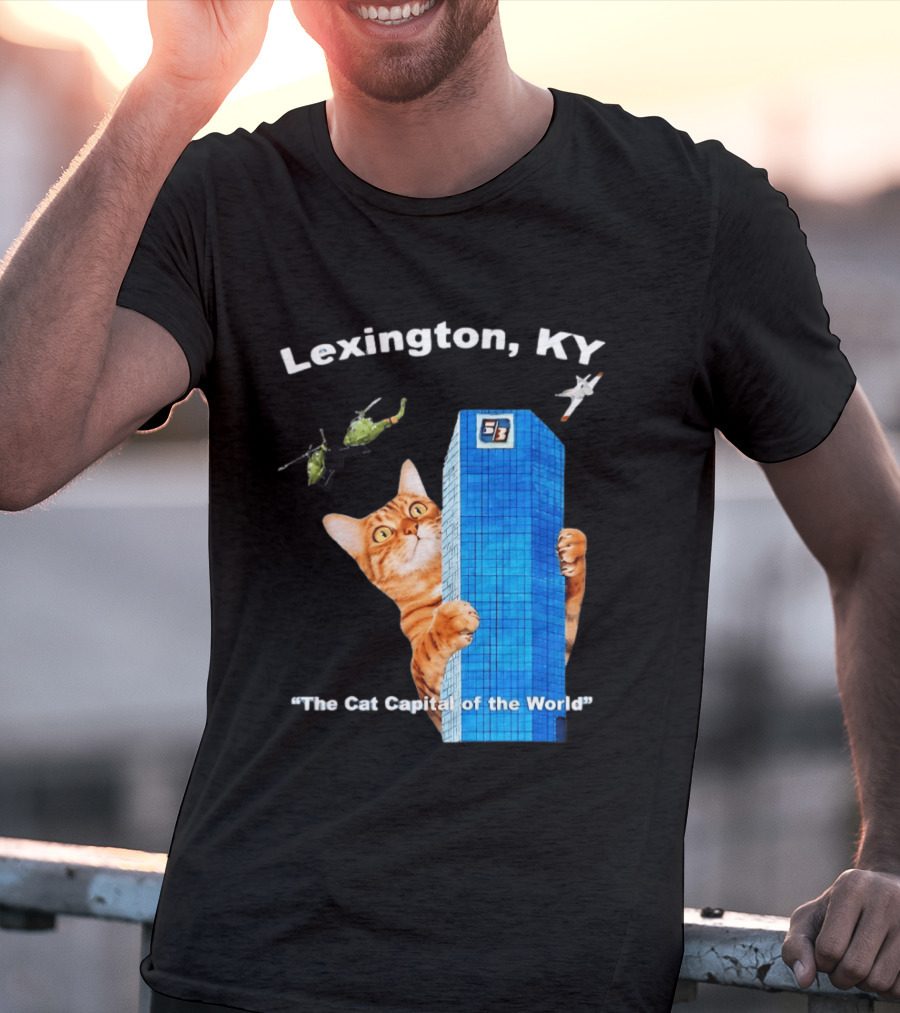 Lexington KY The Cat Capital Of The World Funny Cat With Building And Helicopter T-Shirt