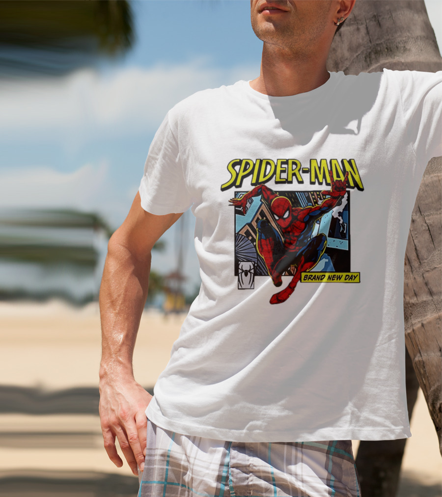Spider Man Brand New Day Iconic Comic Style Swinging Action T-Shirt