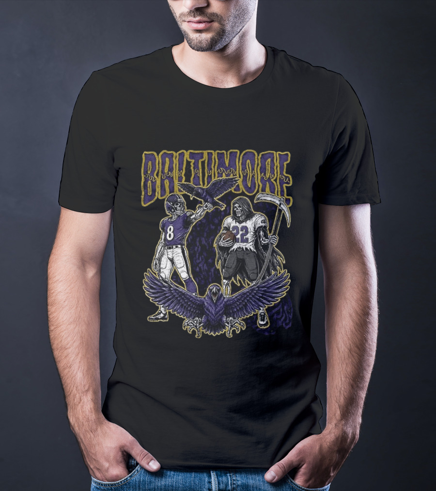 Baltimore Ravens Football Skeleton Lamar Jackson Derrick Henry Ravens T-Shirt