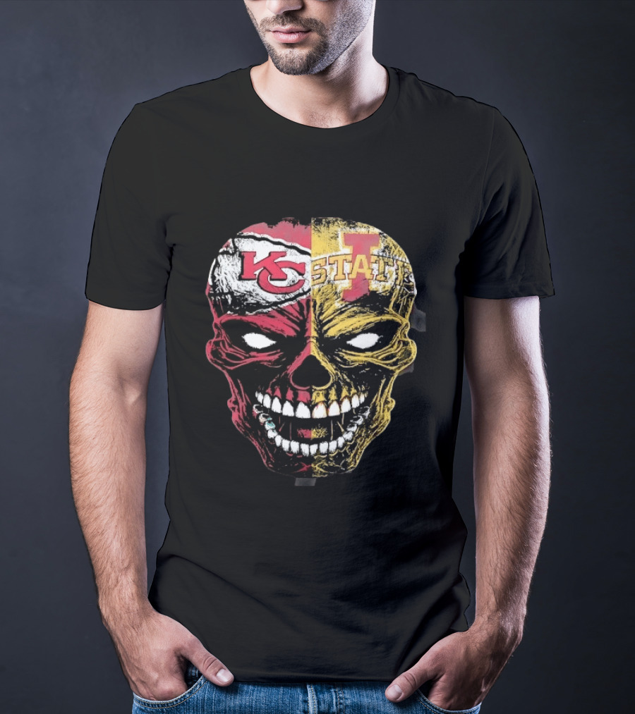 Kansas City Chiefs Iowa State Cyclones Skull Split Face T-Shirt