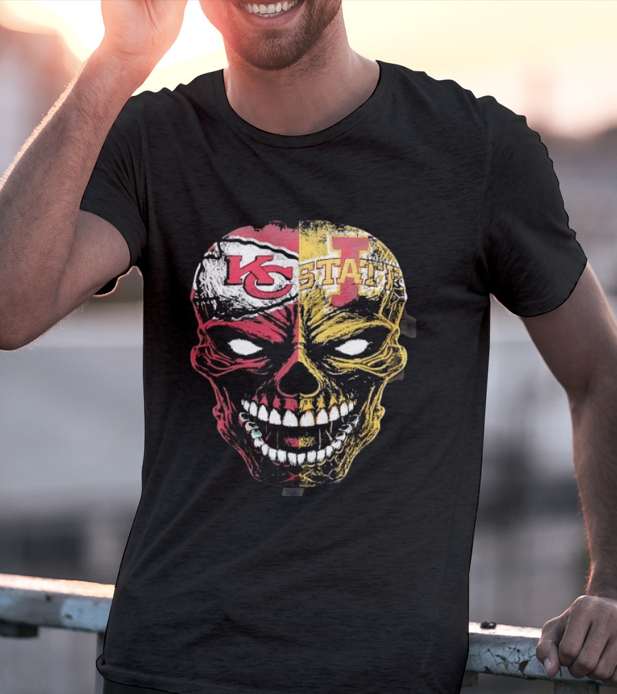 Kansas City Chiefs Iowa State Cyclones Skull Split Face T-Shirt