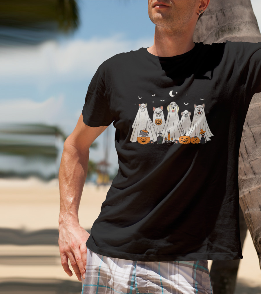 Halloween Ghost Dog Pack With Pumpkins And Moonlit Night T-Shirt