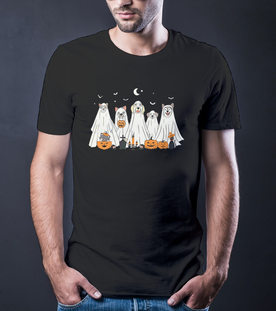 Halloween Ghost Dog Pack With Pumpkins And Moonlit Night T-Shirt