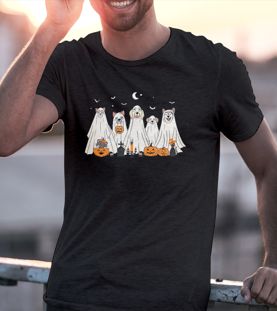 Halloween Ghost Dog Pack With Pumpkins And Moonlit Night T-Shirt