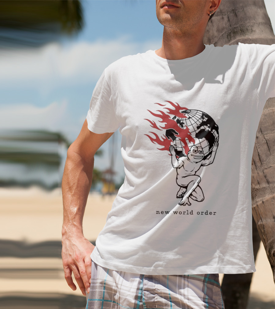 Frog Carrying Burning Earth With Flames New World Order T-Shirt