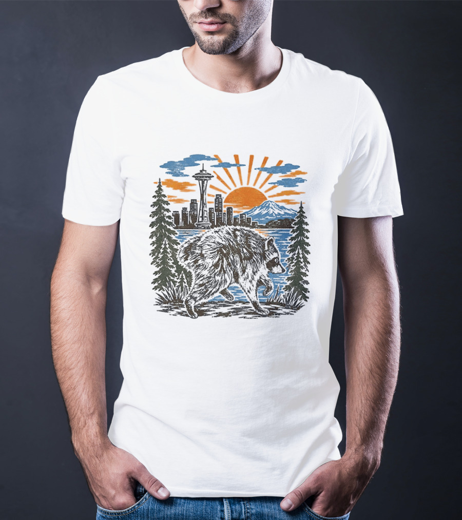 Raccoon Jimothy Seattle Skyline Sunset With Space Needle T-Shirt