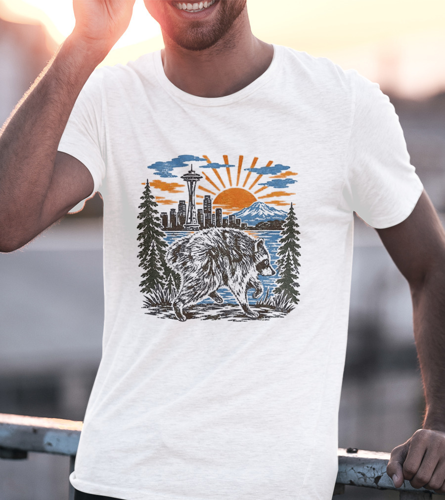 Raccoon Jimothy Seattle Skyline Sunset With Space Needle T-Shirt