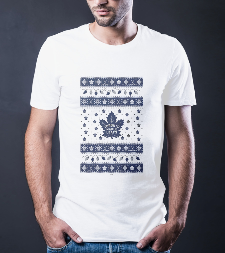 Toronto Maple Leafs Holiday Lights Festive Pattern Leafs Logo Snowflakes T-Shirt