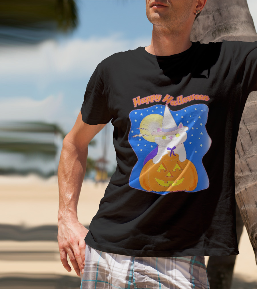 Happy Halloween Cat Witch On Pumpkin With Full Moon And Stars T-Shirt
