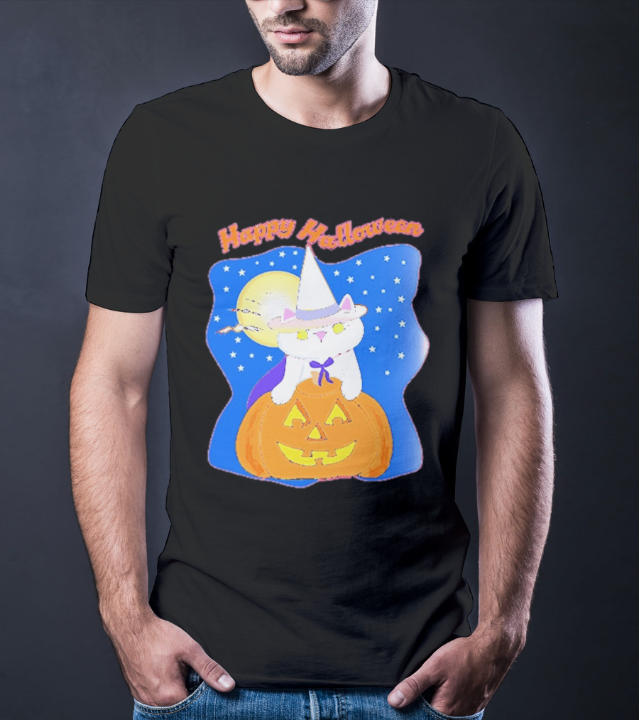 Happy Halloween Cat Witch On Pumpkin With Full Moon And Stars T-Shirt