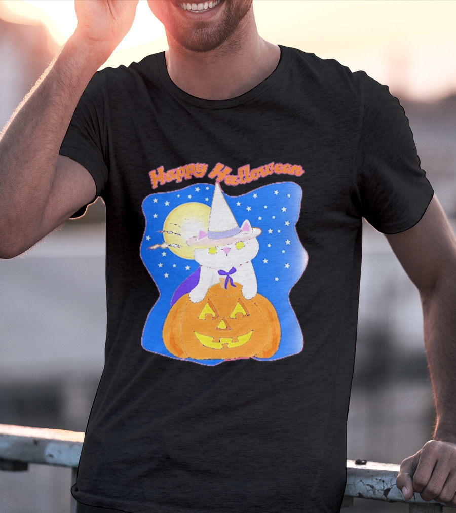 Happy Halloween Cat Witch On Pumpkin With Full Moon And Stars T-Shirt