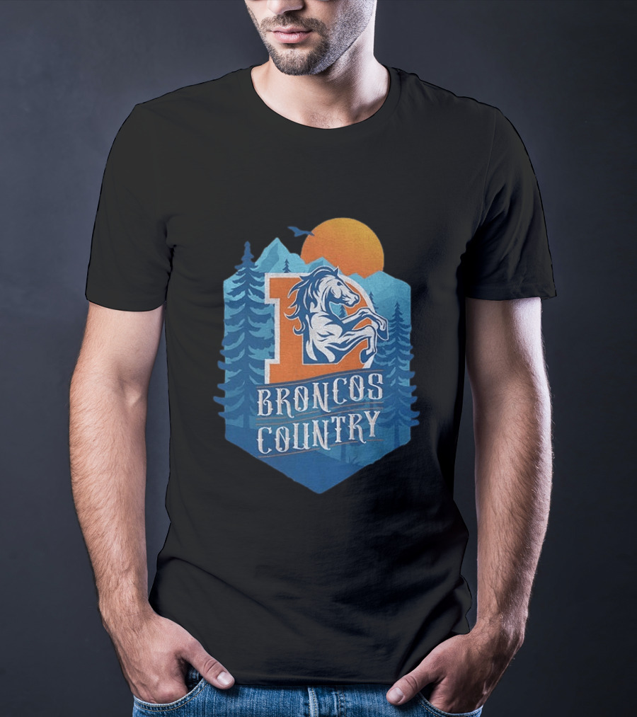 Denver Broncos Country Logo Football Mountain Sunset T-Shirt