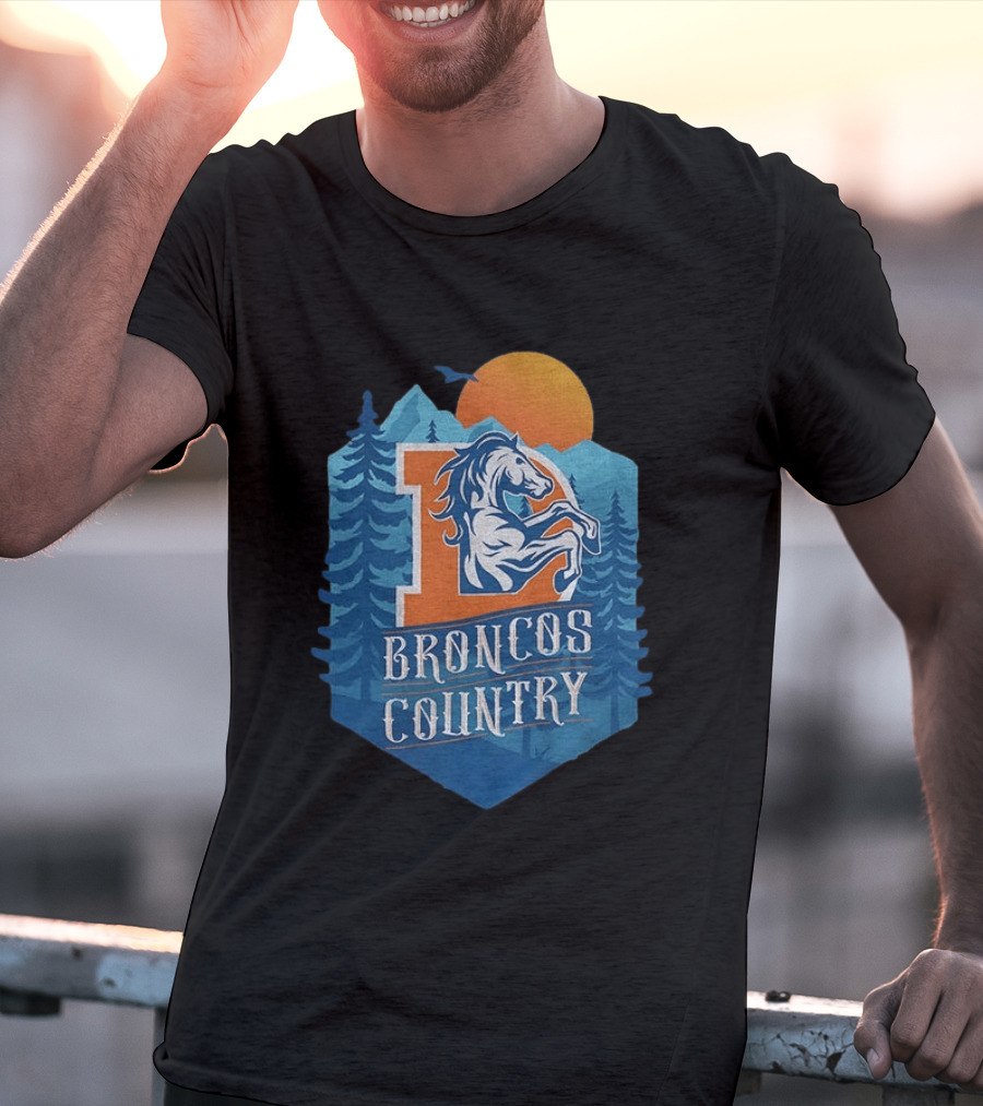 Denver Broncos Country Logo Football Mountain Sunset T-Shirt