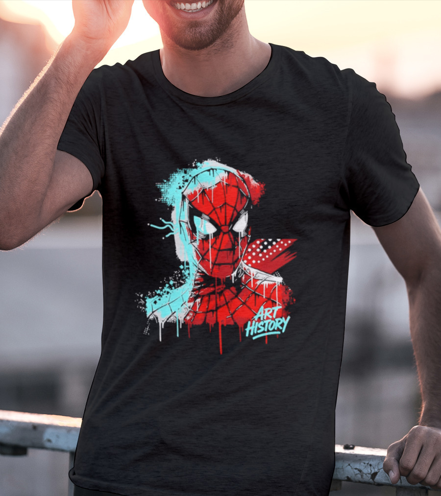 Spider Man Mask Dripping Paint Graffiti Art History Halftone Splatter T-Shirt