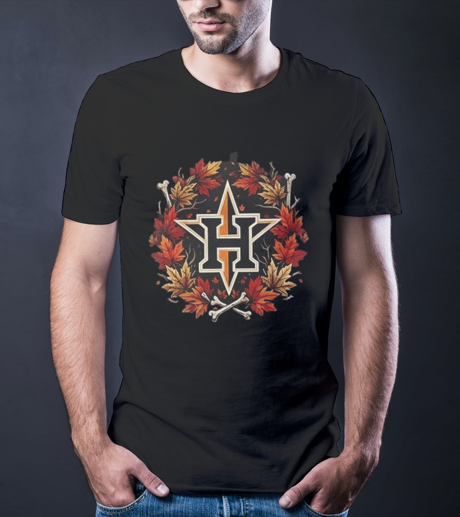 Houston Astros Halloween Maple Leaves Skull Crossed Bats Baseballs T-Shirt