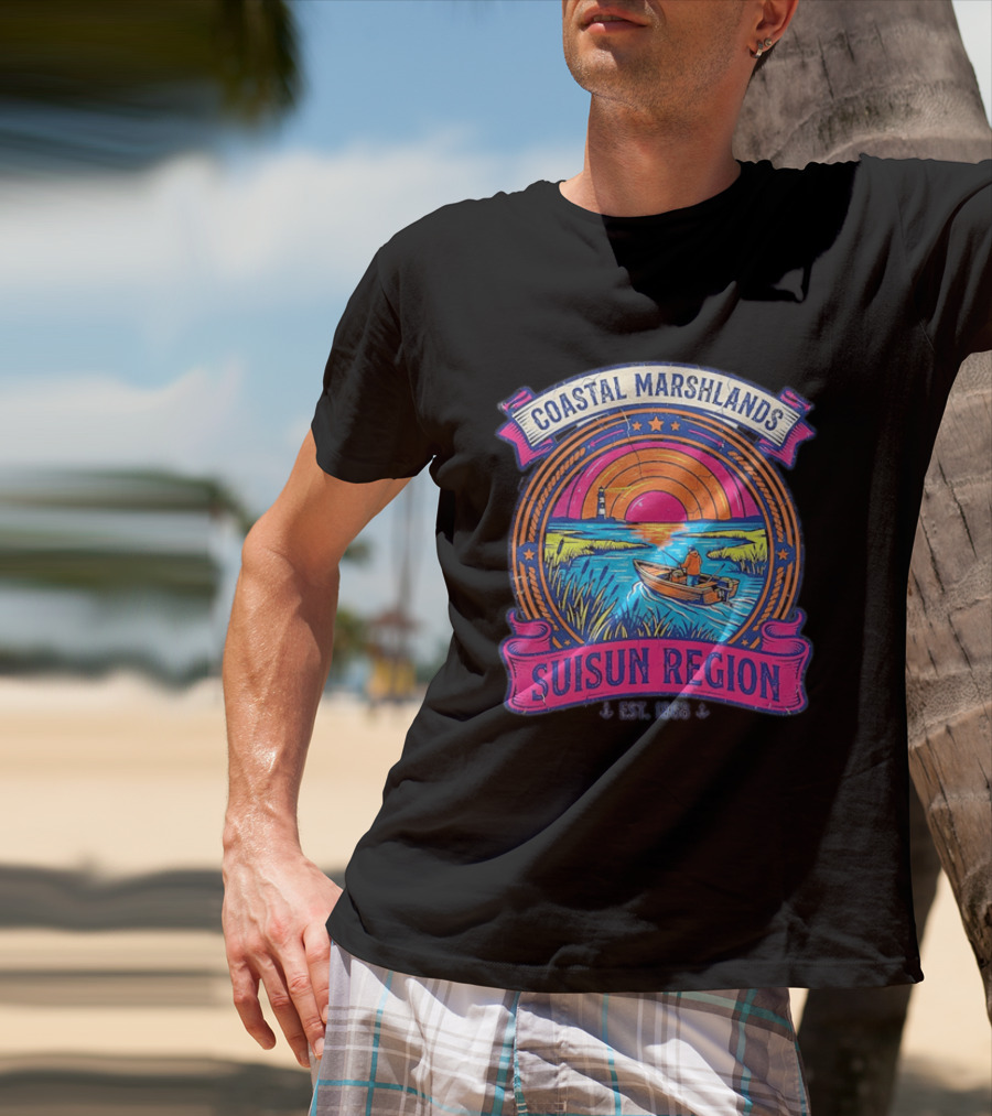 Coastal Marshlands Suisun Region Established 1868 Distressed Sunset Lighthouse Fisherman Boat Marsh T-Shirt