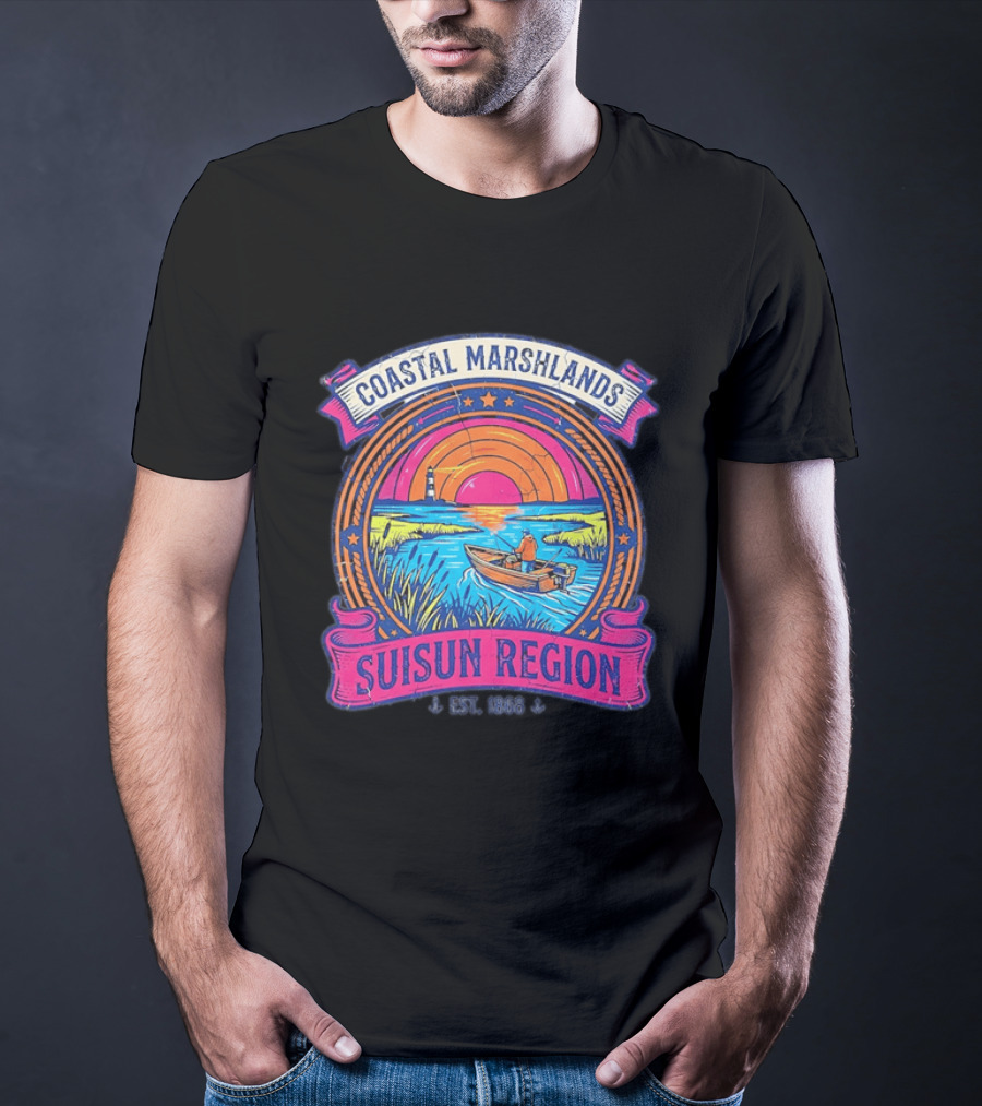 Coastal Marshlands Suisun Region Established 1868 Distressed Sunset Lighthouse Fisherman Boat Marsh T-Shirt