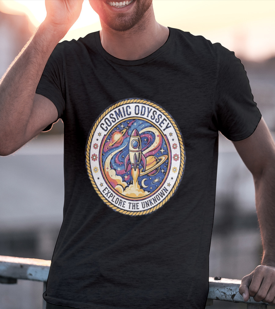 Cosmic Odyssey Rocket Launching Explore The Unknown Planets Space Adventure T-Shirt