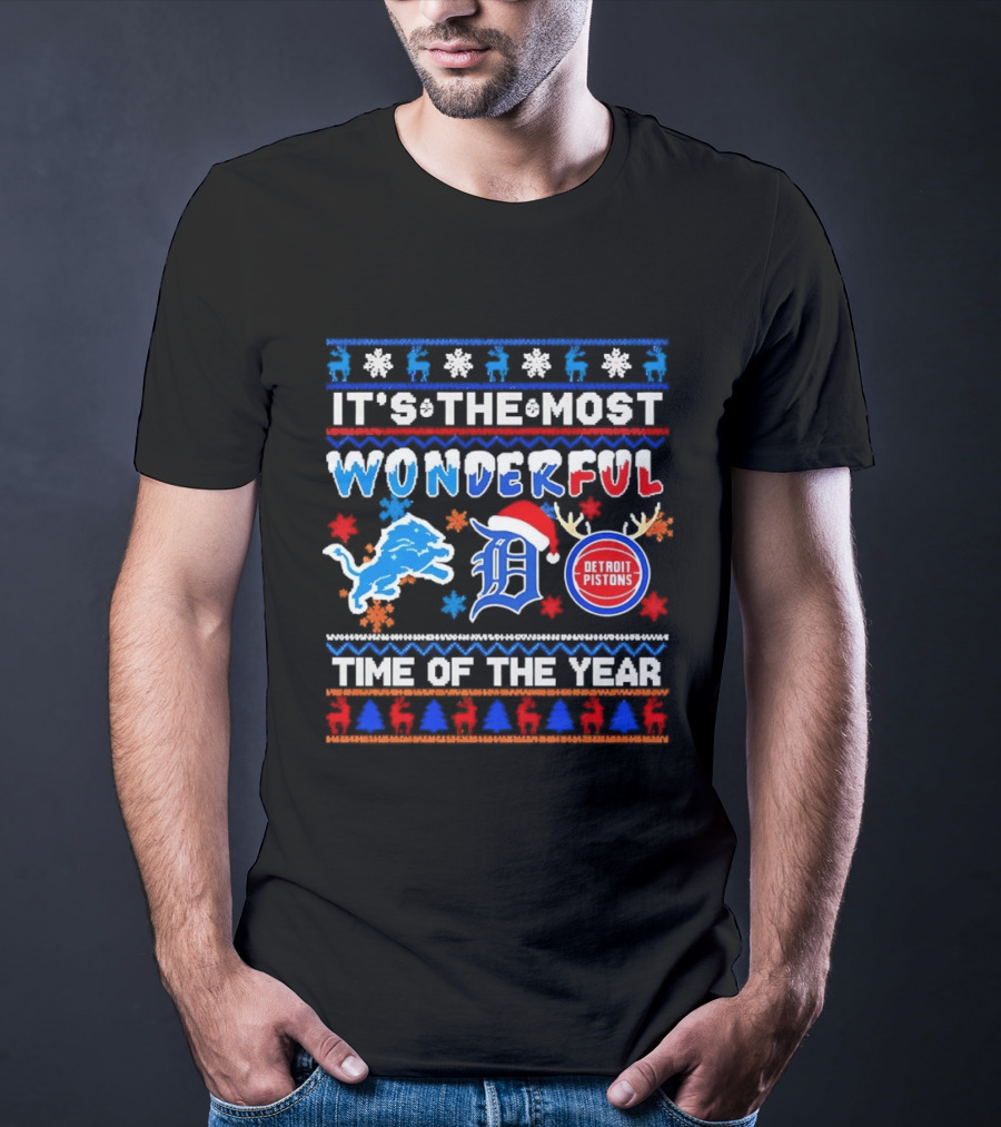 Detroit Lions And Pistons Christmas 2026 It's The Most Wonderful Time Of The Year T-Shirt